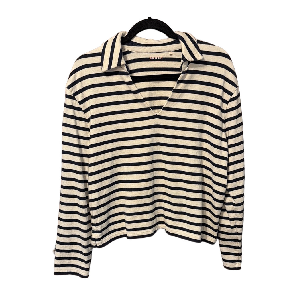 Boden Notch Collar Navy and Cream Striped V-Neck Top